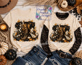 Boho Witchy Boots Halloween shirt decal with leopard checkered witch boots and gold bows on natural shirt