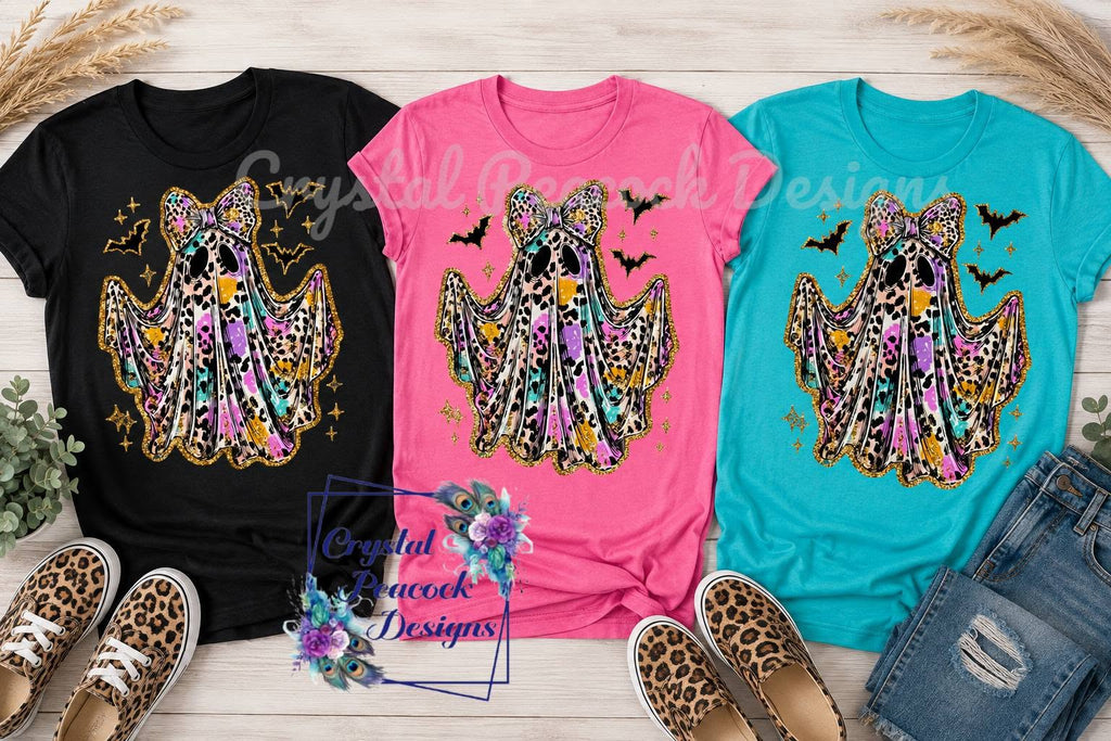 Neon Cheetah Ghost shirt decal on black pink and turquoise shirts