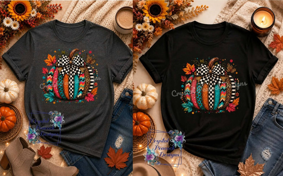 Colorful Patterned Pumpkin shirt decal on dark heather and black shirts