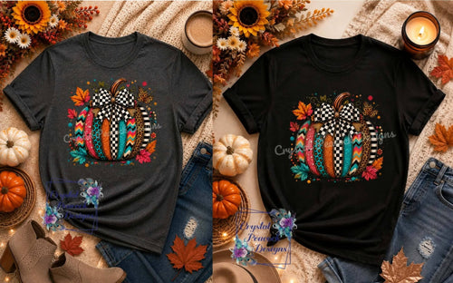 Colorful Patterned Pumpkin shirt decal on dark heather and black shirts