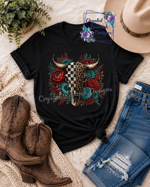 Boho Duo Split Skull red and turquoise floral western shirt decal on black shirt