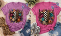 Boho Duo Split Skull multicolor floral western shirt decal on orchid and magenta shirts