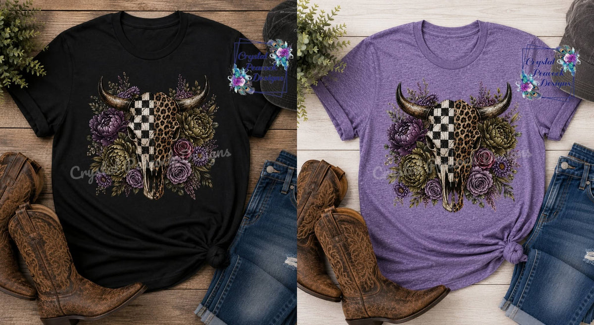 Boho Duo Print Skull olive and purple floral western shirt decal