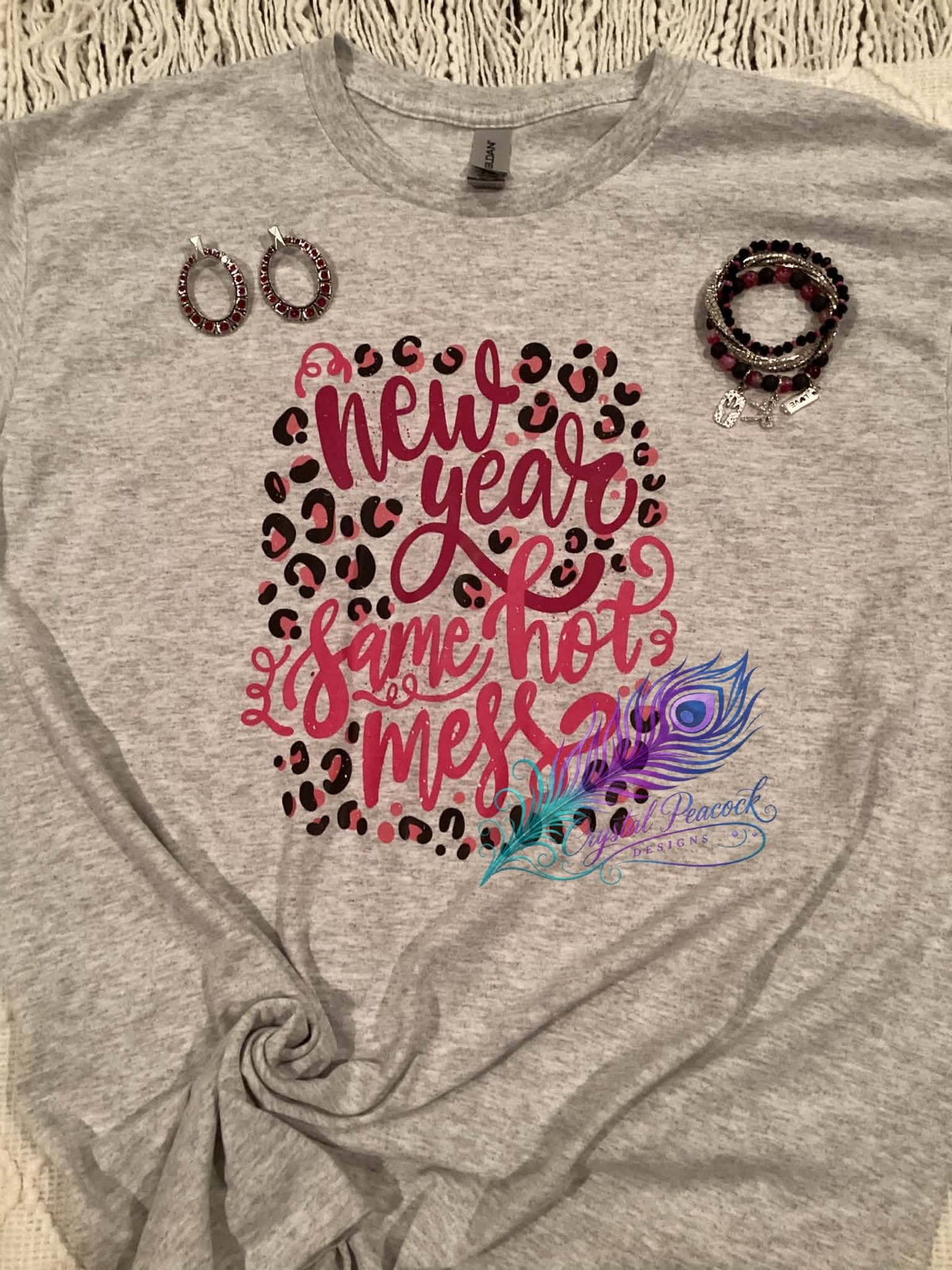New Year Same Hot Mess leopard print graphic tee