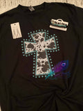 Cow print cross with turquoise detail graphic tee