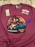 Groovy Baby shirt featuring a hippie cow in a VW bus