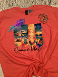 Summer Vibes beach scene graphic tee on coral shirt