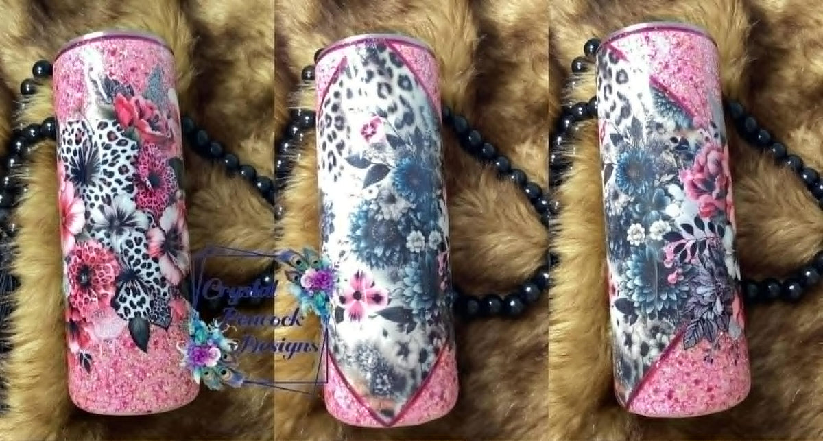 Floral and Cheetah 20oz Tumbler - pink Trixie Belle glitter with gray black white vinyl