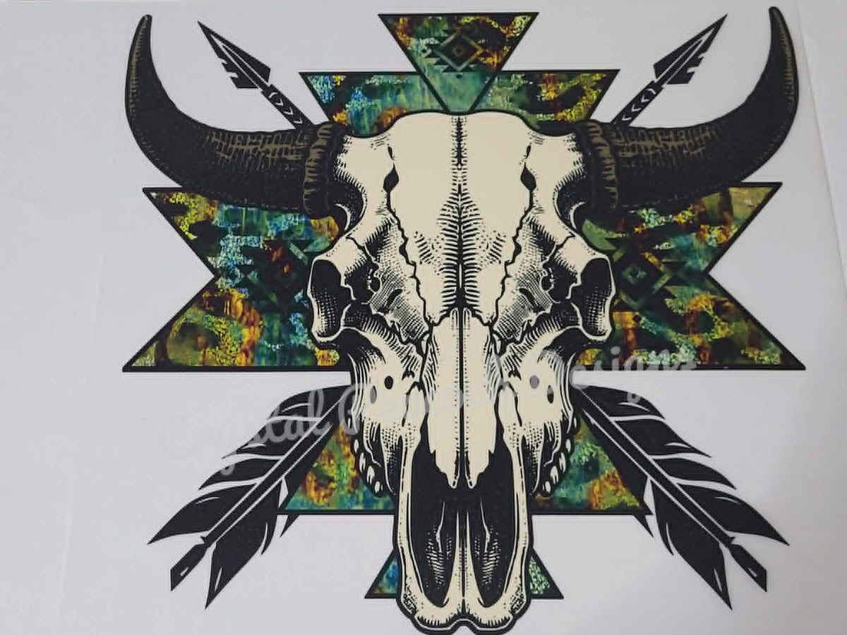 Aztec Bull Skull shirt decal design with arrows and feathers