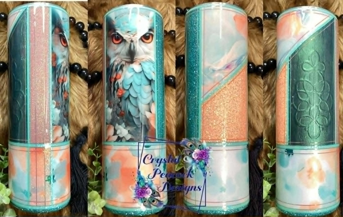 Owl Multi Media 30oz Tumbler - teal peach coral with owl decal glitters and pigments