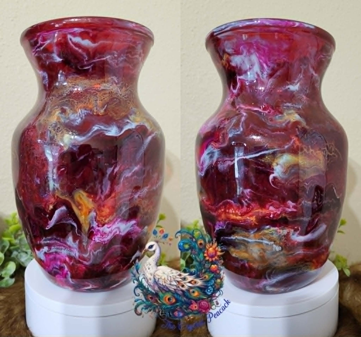 Burgundy and Orange Swirls epoxy art vase in deep burgundies burnt oranges pinks and whites