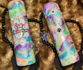 Fur Mama 35oz Tumbler - silver glitter base with rainbow ink swirl, fur mama decal, paw prints and hearts