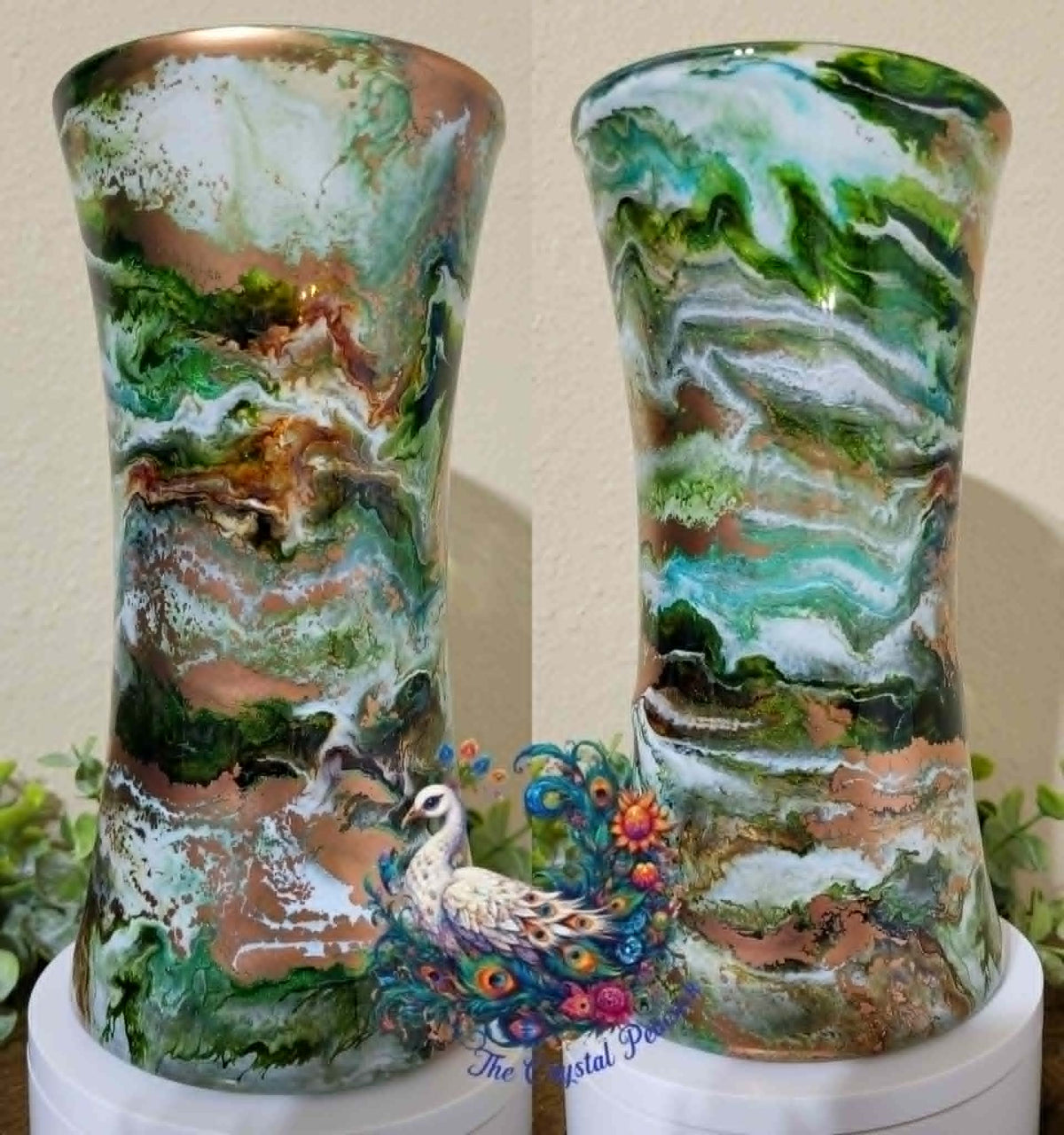 Libbey #3 Greens Browns and Copper epoxy art vase with lush greens warm browns creamy whites and copper shimmer