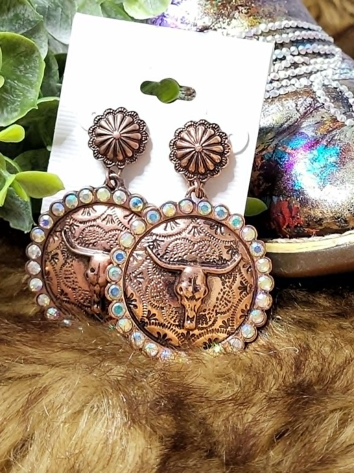Round Rhinestone Bull Earrings - Copper