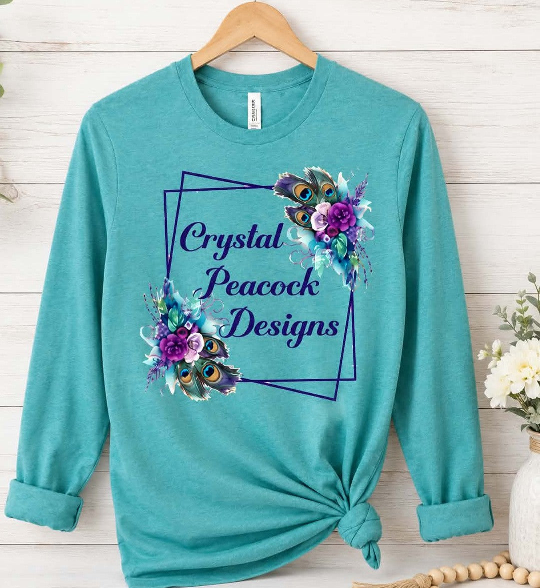 Peacock Floral Long Sleeve Tee in Teal with Crystal Peacock Designs logo