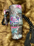 Glitter and Mixed Ink Swirl 30oz Handle Tumbler - chunky glitter with teal pink silver ink swirl