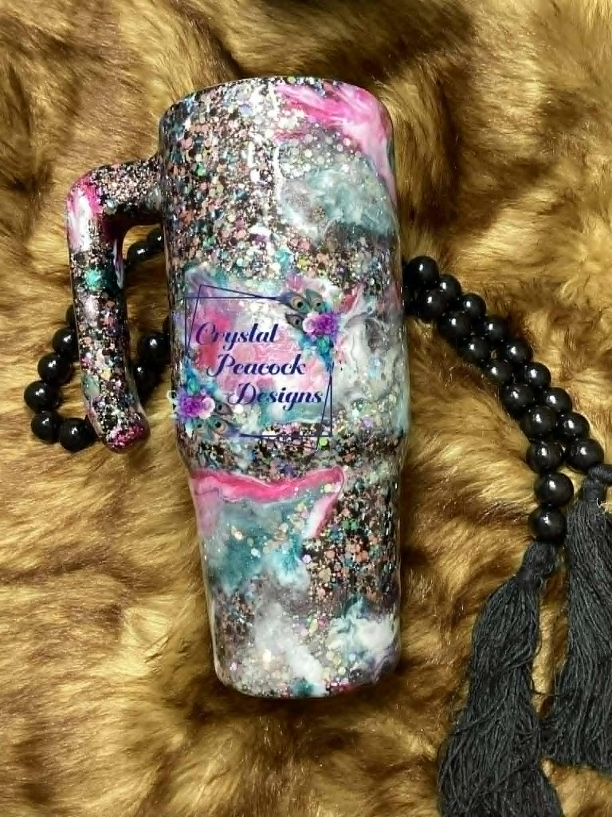 Glitter and Mixed Ink Swirl 30oz Handle Tumbler - chunky glitter with teal pink silver ink swirl