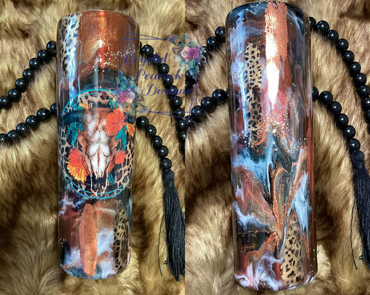 Bull Skull 30oz Skinny Tapered Tumbler - copper teal cheetah ink swirl with bull skull decal and foil accents