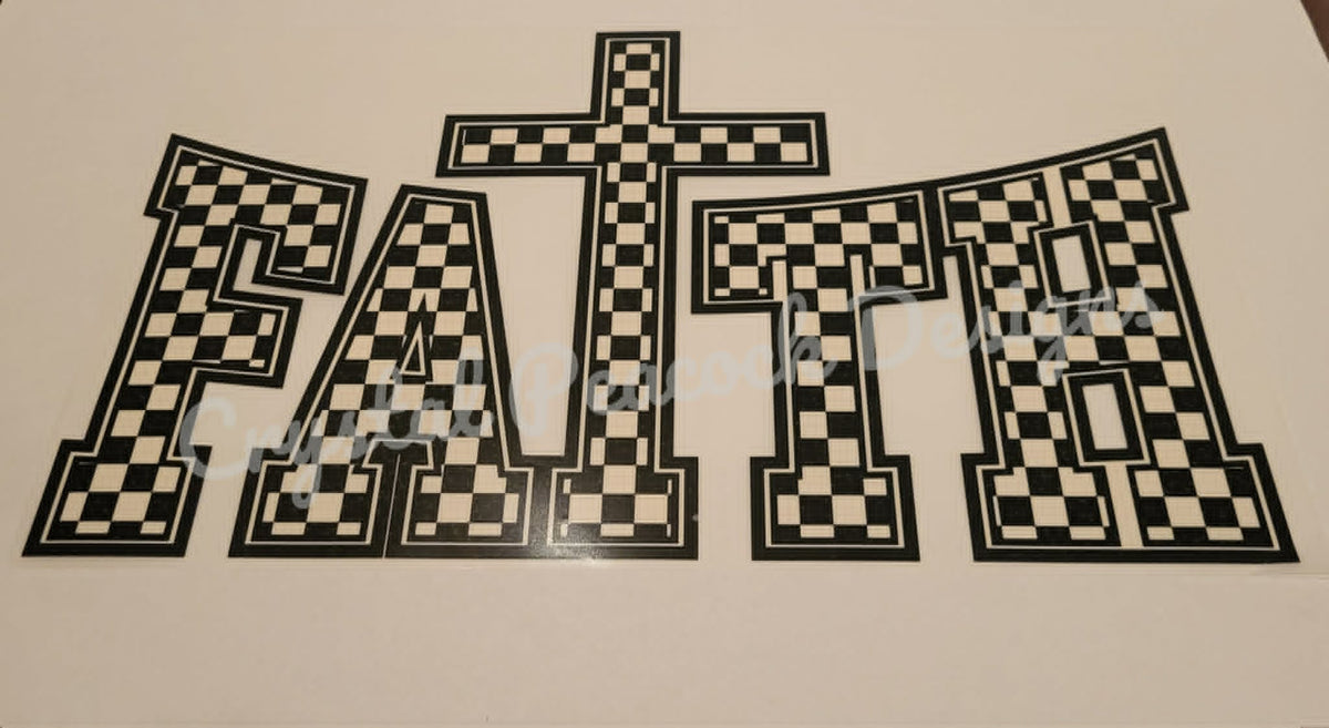 FAITH black and white checkered cross varsity letter shirt decal