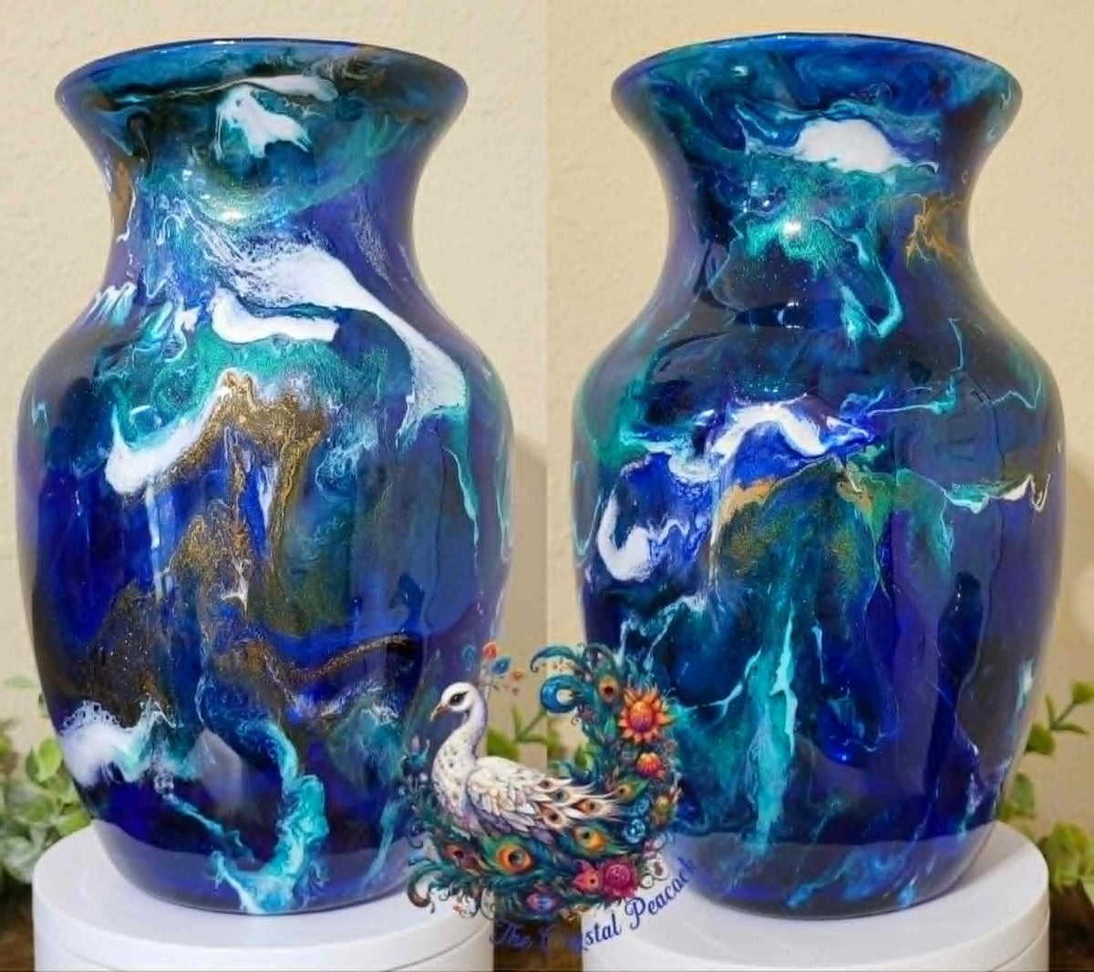 Blues and Teal epoxy art vase in deep blues vibrant teals whites and gold shimmer