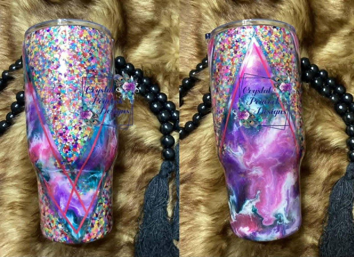 Carnival 24oz Tumbler - custom Carnival chunky glitter mix with color-matched ink swirl sections and trimmed detailing