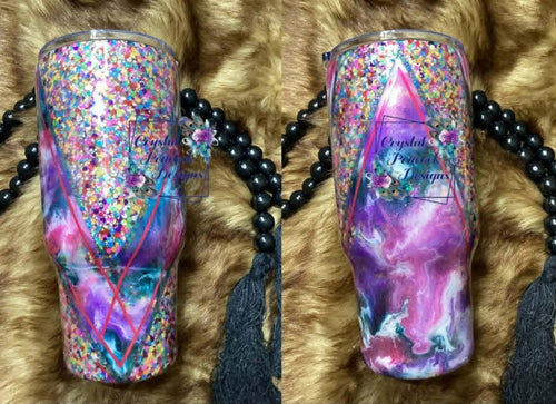Carnival 24oz Tumbler - custom Carnival chunky glitter mix with color-matched ink swirl sections and trimmed detailing