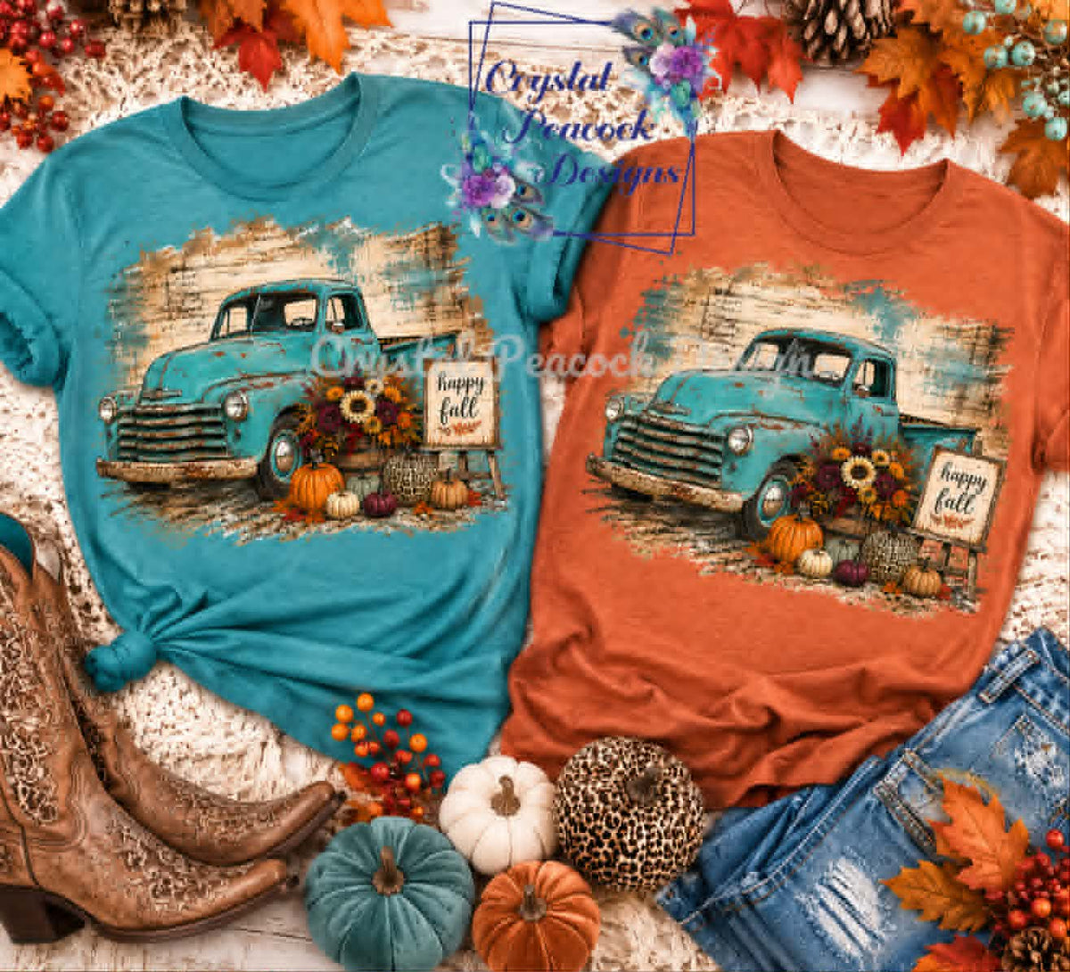 Hello Fall vintage teal truck shirt decal on teal and orange shirts