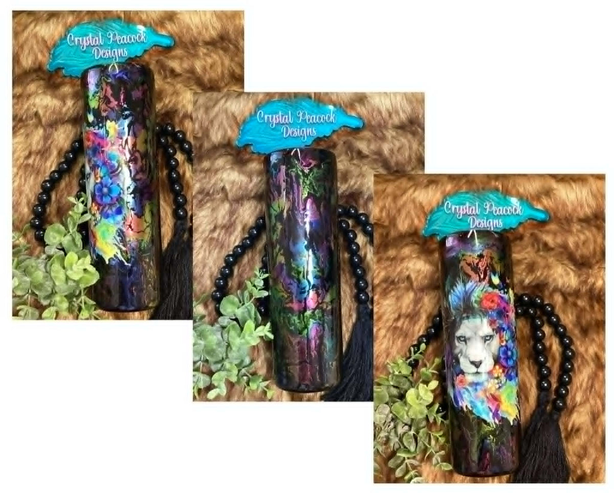 Floral Lion 30oz Tumbler - deep jewel tone chrome ink swirl with majestic floral lion decal in purple blue green