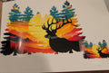 Sunset elk wilderness front and back shirt decal with vibrant orange red and teal sunset scene and bull elk silhouette