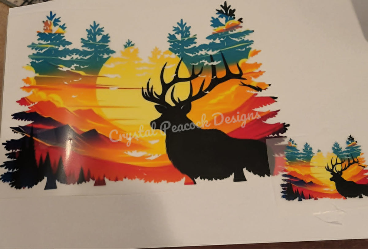 Sunset elk wilderness front and back shirt decal with vibrant orange red and teal sunset scene and bull elk silhouette