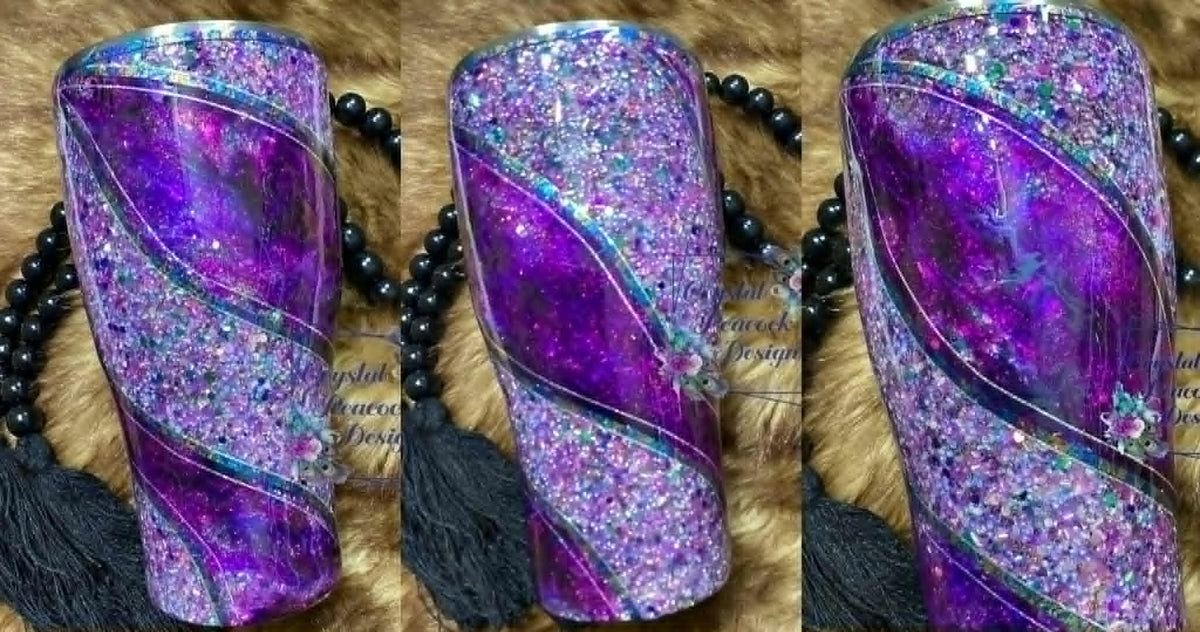 Piper Presley 30oz Curve Tumbler - custom glitter with diagonal purple ink swirl sections and silver trim lines