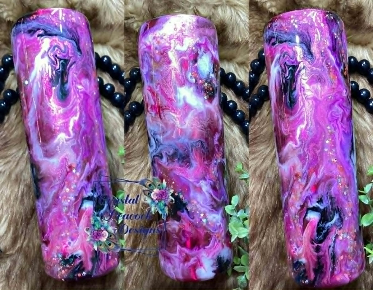 Pink Glaze Ink Swirl 30oz Skinny Tapered Tumbler - pink glaze base with purple black chunky glitter ink swirl