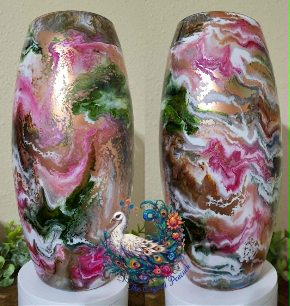 Libbey #5 Pinks and Greens epoxy art vase in vibrant pinks deep greens whites and copper shimmer