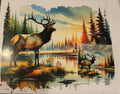 Watercolor elk at sunset lake front and back shirt decal with two bull elk pine trees and golden sky