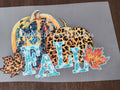Fall Cheetah pumpkins with leopard maple leaves and turquoise FALL lettering shirt decal