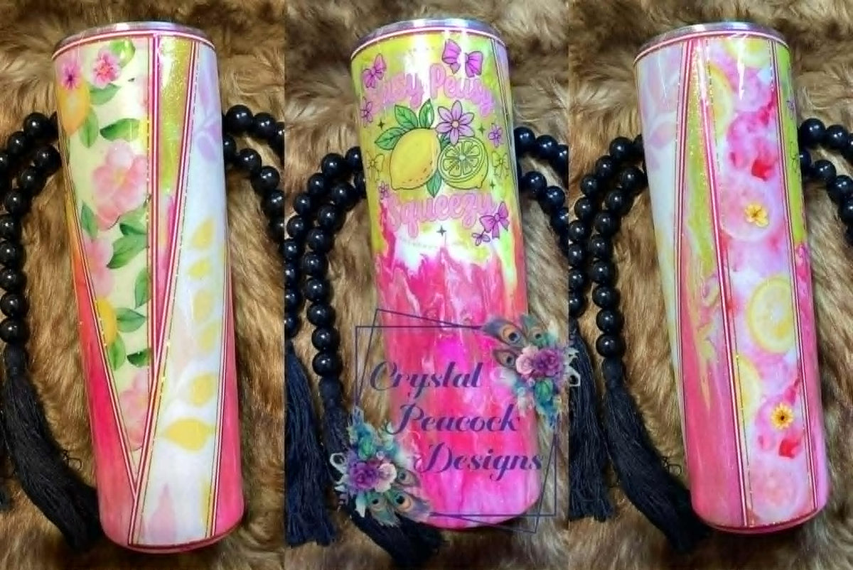 Easy Peasy Lemon Squeezy 30oz Skinny Taper Tumbler - yellow pink ombre with lemon and floral vinyl