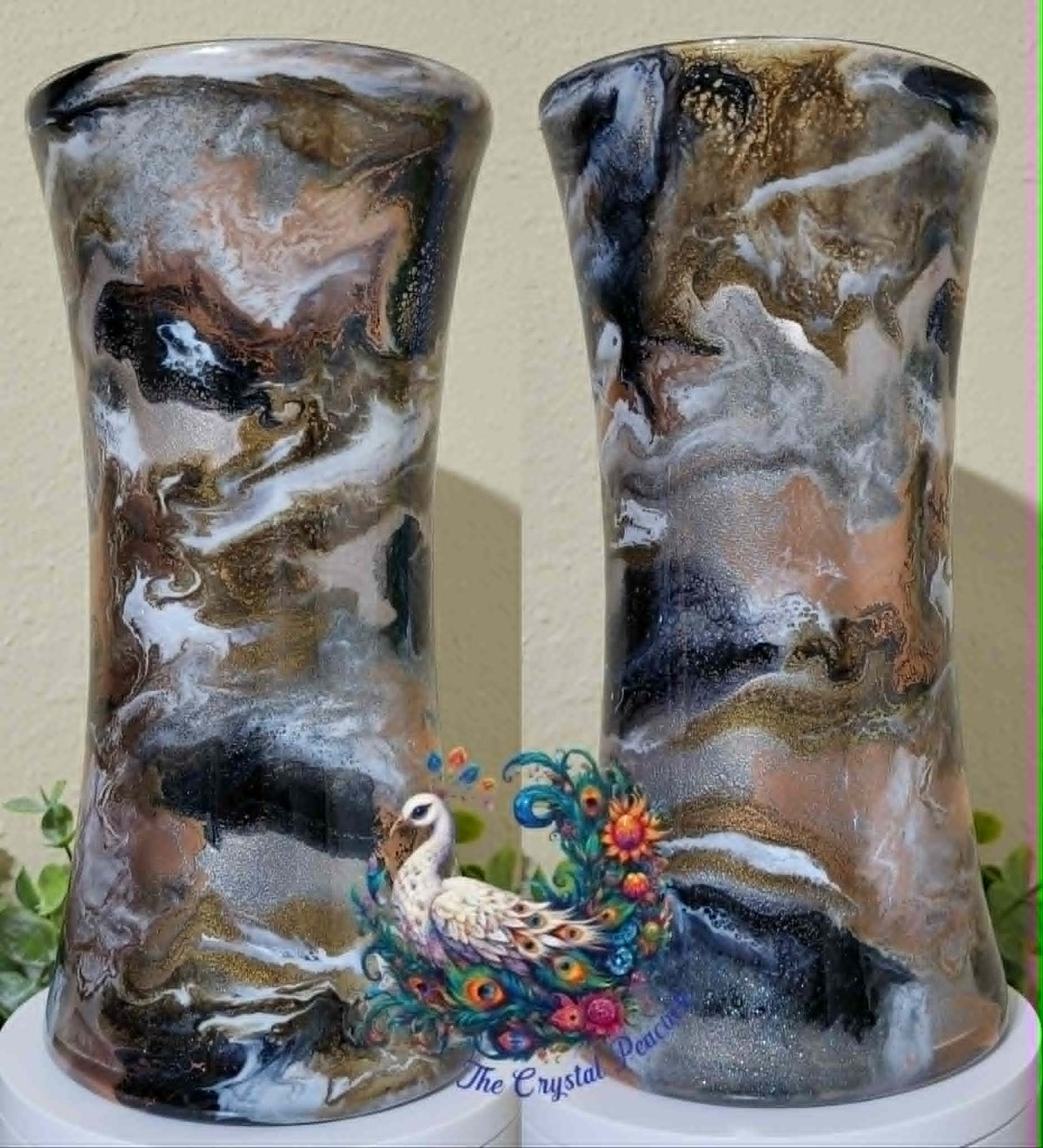 Libbey #3 Black Brown and Copper epoxy art vase with deep blacks rich browns whites and copper glitter shimmer