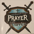 Prayer Warrior shield crossed swords and cross shirt decal in brown gold and blue