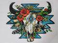 Aztec Cheetah Floral Bull Skull western shirt decal with red roses and teal background