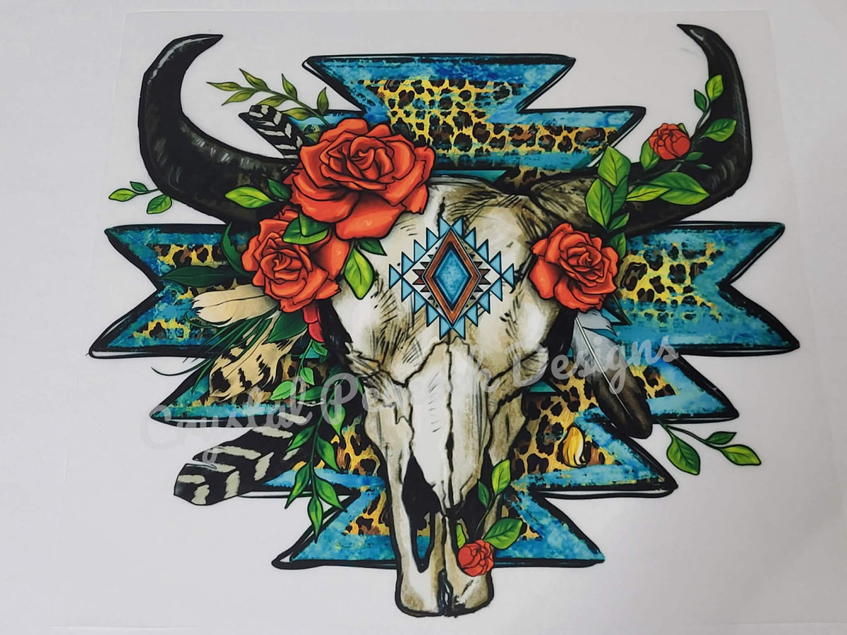 Aztec Cheetah Floral Bull Skull western shirt decal with red roses and teal background