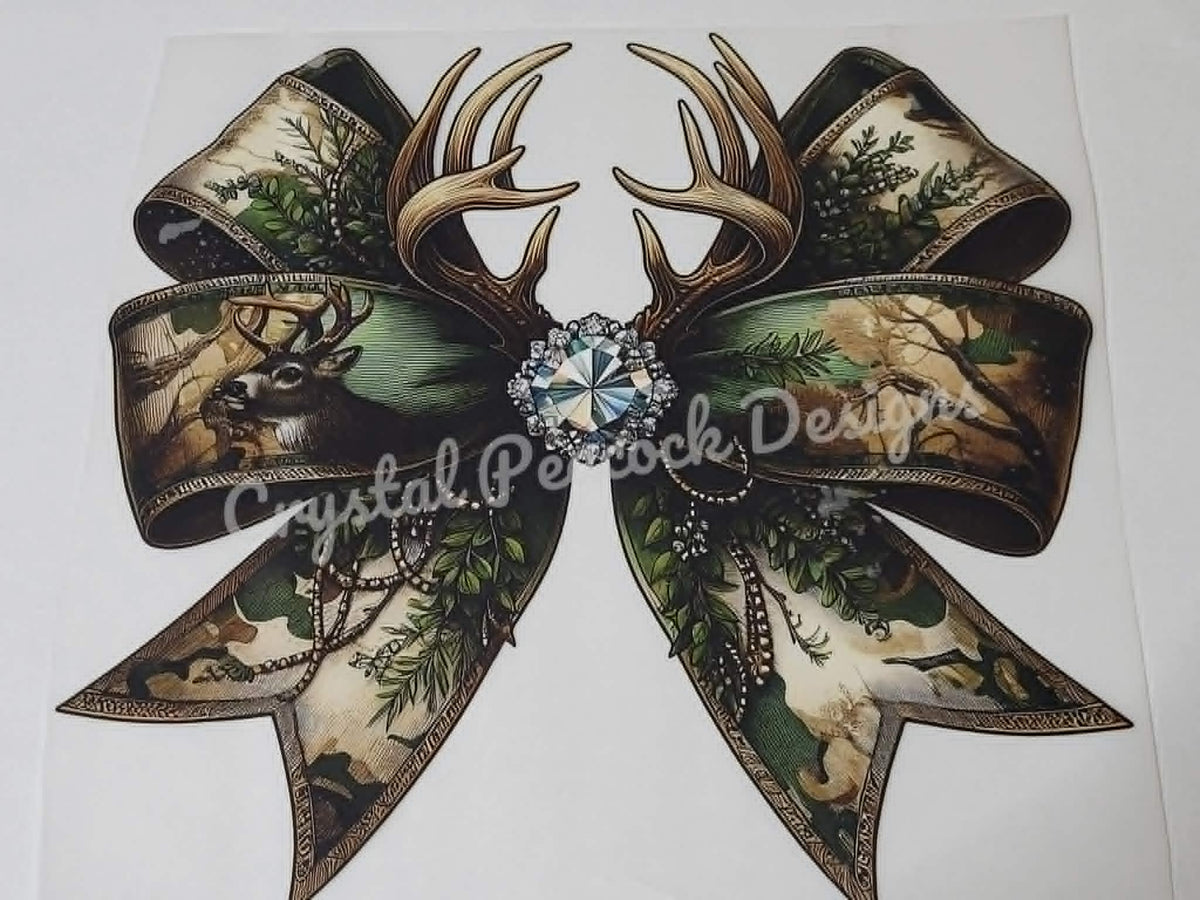 Camo Antler Bow shirt decal with buck and diamond gem center