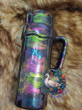 Oil Slick Color Changing 20oz Skinny Taper Handle Tumbler - iridescent purple green pink oil slick ink swirl with color changing base
