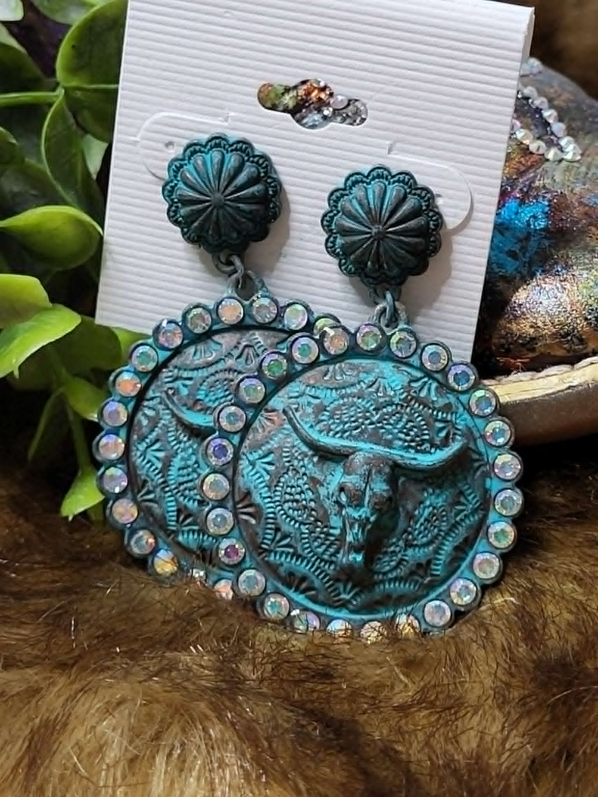 Round Rhinestone Bull Earrings - Turquoise